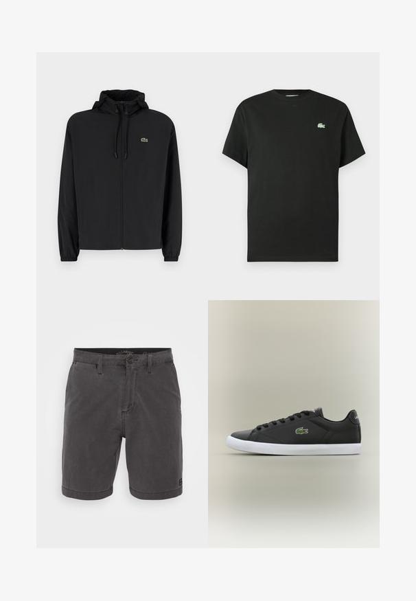 Chaqueta negra con cremallera y capucha, hecha de material ligero. Cuenta con puños elásticos y un pequeño logo verde en el lado izquierdo del pecho.; Camiseta de algodón negra con cuello redondo, mangas cortas y un logo bordado verde en el lado izquierdo del pecho. Textura suave, corte holgado.; Pantalones cortos de algodón gris con cierre de botón, cuatro bolsillos y una etiqueta tejida en el dobladillo, con un corte recto y una textura suave.; Zapatillas de cuero negro con suela de goma blanca, con un logo de cocodrilo verde y cordones redondos, diseño elegante con textura suave.