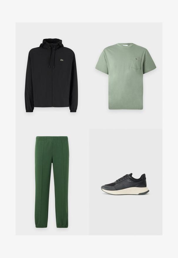 Juodas užtrauktukas striukė su gaubtu, pagaminta iš lengvos medžiagos. Savybės: elastiniai apykaklės ir mažas žalias logotipas kairėje krūtinės pusėje.; Šviesiai žalia trumpomis rankovėmis medvilninė marškinėliai su krūtinės kišene, kurią puošia mažas išsiuvinėtas krokodilo logotipas.; Žalios sportinės kelnės, pagamintos iš minkštos medžiagos; turi elastinę juostą juosmeniui, siaurėjančius kojų kirpimus ir mažą logotipą šone.; Juodi sportiniai bateliai su tinkleliu, turintys perforacijas, tekstūruotą kremine spalvos tarpinę ir guminį pado paviršių geresniam sukibimui.