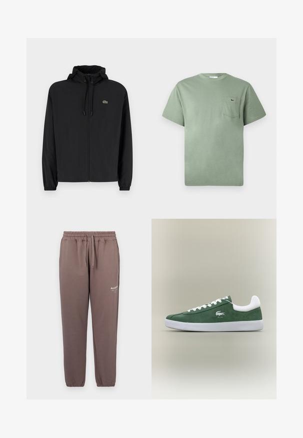 Zwarte zip-up jas met een capuchon, gemaakt van lichtgewicht materiaal. Heeft elastische manchetten en een klein groen logo op de linkerborst.; Lichtgroene katoenen T-shirt met korte mouwen en een borstzak, voorzien van een klein geborduurd krokodillenlogo.; Bruine katoenen joggers met een elastische tailleband en boorden, voorzien van een klein wit logo op het linkerbeen.; Laagprofiel groene suede sneaker met witte veters, witte zool, gevoerde enkelkraag en geborduurd krokodillenlogo met de tekst "EST. 1933".