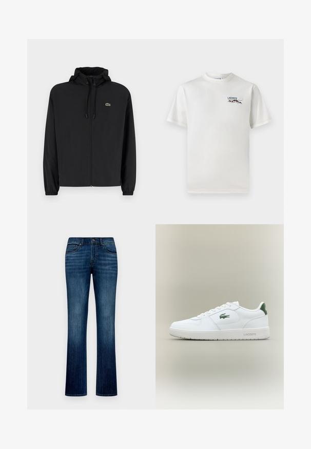 Črna jakna na zadrgo s kapuco, izdelana iz lahkega materiala. Ima elastične manšete in majhen zeleni logotip na levem prsnem delu.; Bela bombažna majica s krožnim ovratnikom, kratkimi rokavi in majhnim izvezenim logotipom, ki vsebuje gore in besedilo na levi prsni strani.; Temno modri denim kavbojki s ravnim nogavicom, petimi žepi in zapiranjem na gumb spredaj. Tkanina ima gladko teksturo s posvetljenim efektom.; Bela usnjena tenisačka obutev s gladko površino, z zelenimi poudarki na peti in zelenim logotipom ob strani. Ima ravno podplat in okroglo konico.