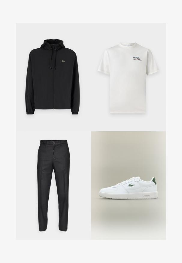 Črna jakna na zadrgo s kapuco, izdelana iz lahkega materiala. Ima elastične manšete in majhen zeleni logotip na levem prsnem delu.; Bela bombažna majica s krožnim ovratnikom, kratkimi rokavi in majhnim izvezenim logotipom, ki vsebuje gore in besedilo na levi prsni strani.; Črne hlače iz gladkega blaga, z zapiranjem s sprednjim gumbom, ravnimi nogami in brez vidnih žepov ali vzorcev.; Bela usnjena tenisačka obutev s gladko površino, z zelenimi poudarki na peti in zelenim logotipom ob strani. Ima ravno podplat in okroglo konico.