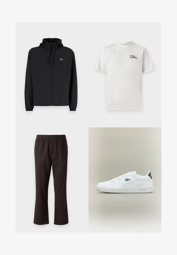 Fekete, kapucnis, cipzáras dzseki, könnyű anyagból készült. Rugalmas mandzsettákkal és egy kis zöld logóval rendelkezik a bal mellrészen.; Fehér pamut póló kerek nyakkivágással, rövid ujjal és egy kis gépi hímzésű logóval, amely hegyeket és szöveget ábrázol a bal mellen.; Fekete, harang szabású, pamut keverék nadrág, rugalmas derékkal, sima textúrával és egyszerű dizájnnal, látható varratok vagy díszítések nélkül.; Fehér bőr sneaker sima felülettel, zöld akcentussal a saroknál, és zöld logóval az oldalon. Lapos talpa és kerek orra van.