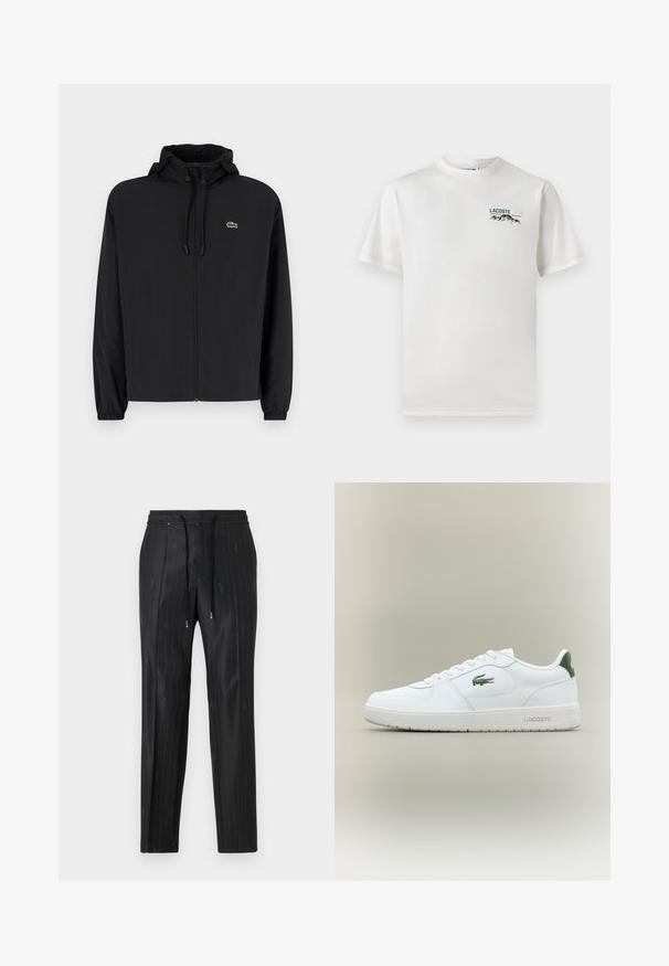 Juodas užtrauktukas striukė su gaubtu, pagaminta iš lengvos medžiagos. Savybės: elastiniai apykaklės ir mažas žalias logotipas kairėje krūtinės pusėje.; Baltas medvilninis marškinėliai su apykakle, trumpomis rankovėmis ir mažas siuvinėtas logotipas, vaizduojantis kalnus ir tekstą ant kairiojo krūtinės.; Juodi dryžuoti kelnės, pagamintos iš glotnaus audinio, su patogiu elastingu juosmeniu ir raišteliais. Kelnės turi subtilius logotipo akcentus.; Balti odiniai sportbačiai su lygiu paviršiumi, žaliais akcentais ant kulno ir žalia logotipu šone. Siūlo plokščią pado struktūrą ir apvalią nosį.