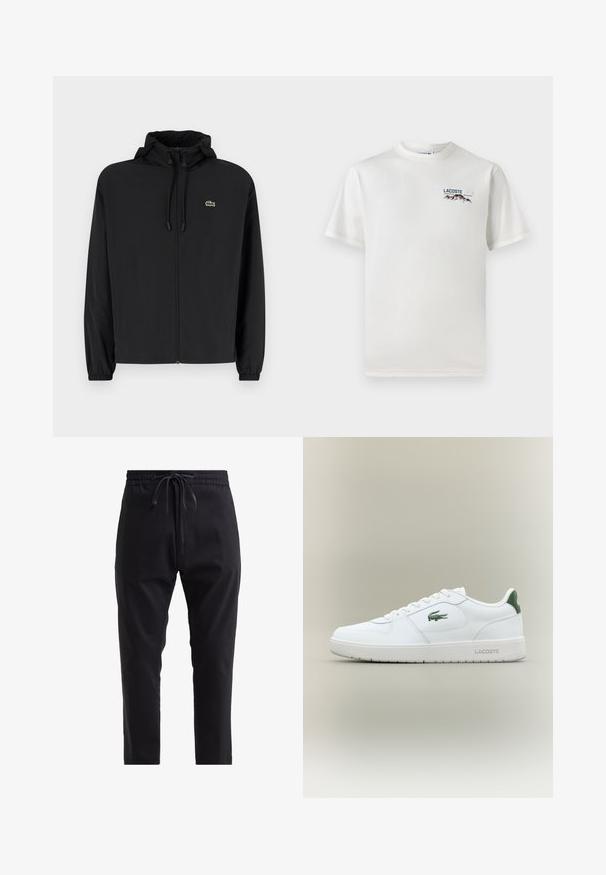 Casaco preto com fecho éclair e capuz, feito de material leve. Apresenta punhos elásticos e um pequeno logotipo verde no lado esquerdo do peito.; T-shirt de algodão branco com decote redondo, mangas curtas e um pequeno logótipo bordado apresentando montanhas e texto no lado esquerdo do peito.; Calças de jogging pretas feitas de um tecido macio, com um cordão na cintura e pernas ajustadas para um design fit. Sem padrões ou acessórios visíveis.; Sapatilha de couro branca com um acabamento suave, detalhes verdes no calcanhar e um logótipo verde na lateral. Apresenta sola plana e bico redondo.