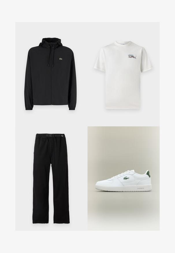 Sort zip-jakke med hætte, lavet af letvægtsmateriale. Har elastiske manchetter og et lille grønt logo på venstre bryst.; Hvid bomulds-T-shirt med rund halsudskæring, korte ærmer og et lille broderet logo med bjerge og tekst på venstre bryst.; Sorte, letvægtsbukser med elastisk talje og justerbart bælte, der har et lige ben design og en glat tekstur.; Hvide lædersneakers med en glat overflade, grønne accenter på hælen og et grønt logo på siden. Har en flad sål og rund tå.