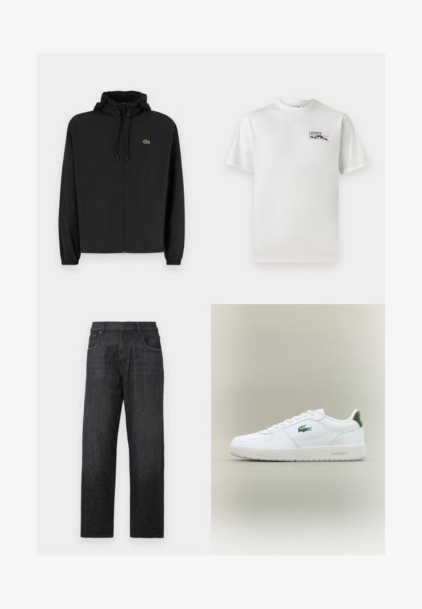 Juodas užtrauktukas striukė su gaubtu, pagaminta iš lengvos medžiagos. Savybės: elastiniai apykaklės ir mažas žalias logotipas kairėje krūtinės pusėje.; Baltas medvilninis marškinėliai su apykakle, trumpomis rankovėmis ir mažas siuvinėtas logotipas, vaizduojantis kalnus ir tekstą ant kairiojo krūtinės.; Juodi džinsai su tiesia kojų forma, penkių kišenių stiliumi ir mygtuku bei užtrauktuku. Audinys turi subtilų tekstūrą.; Balti odiniai sportbačiai su lygiu paviršiumi, žaliais akcentais ant kulno ir žalia logotipu šone. Siūlo plokščią pado struktūrą ir apvalią nosį.