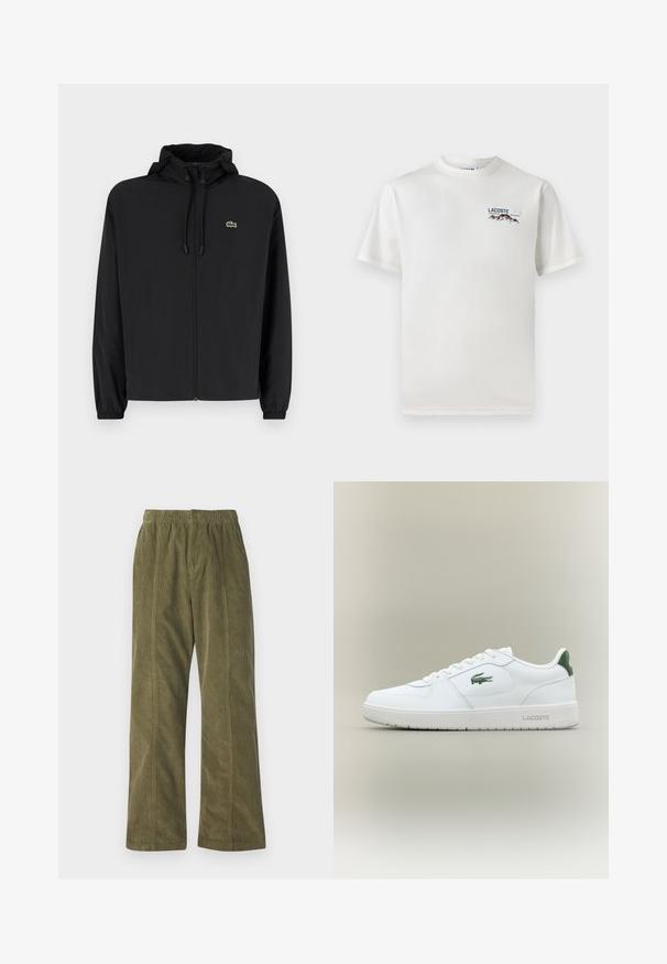 Zwarte zip-up jas met een capuchon, gemaakt van lichtgewicht materiaal. Heeft elastische manchetten en een klein groen logo op de linkerborst.; Witte katoenen T-shirt met een ronde hals, korte mouwen en een klein geborduurd logo met bergen en tekst op de linkerborst.; Olijfgroene corduroy broek met een brede pijpdesign, elastische tailleband en zichtbare stiksel details langs de zijkanten.; Witte leren sneaker met een gladde afwerking, groene accenten op de hak en een groen logo aan de zijkant. Beschikt over een platte zool en een ronde neus.