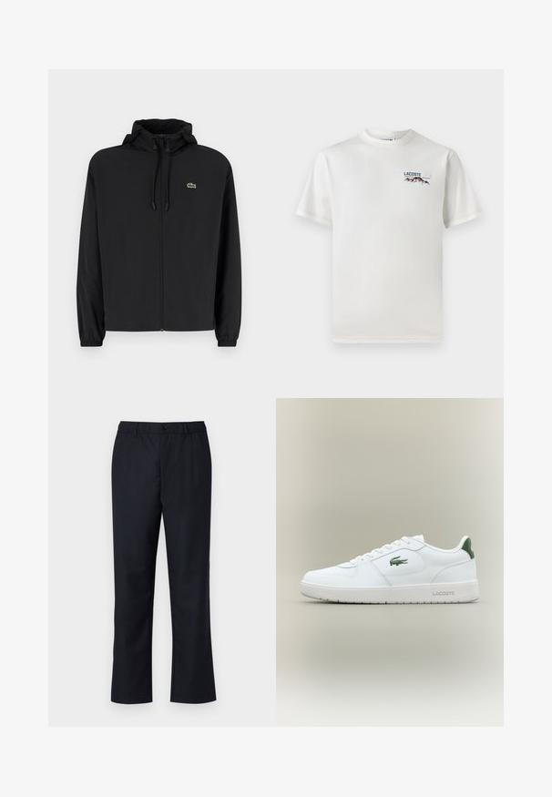 Črna jakna na zadrgo s kapuco, izdelana iz lahkega materiala. Ima elastične manšete in majhen zeleni logotip na levem prsnem delu.; Bela bombažna majica s krožnim ovratnikom, kratkimi rokavi in majhnim izvezenim logotipom, ki vsebuje gore in besedilo na levi prsni strani.; Temno modri hlače s ravnim sprednjim delom, elastičnim pasom in enim gumbom za zapiranje. Narejene iz gladkega materiala z ravno zasnovo nogavic.; Bela usnjena tenisačka obutev s gladko površino, z zelenimi poudarki na peti in zelenim logotipom ob strani. Ima ravno podplat in okroglo konico.