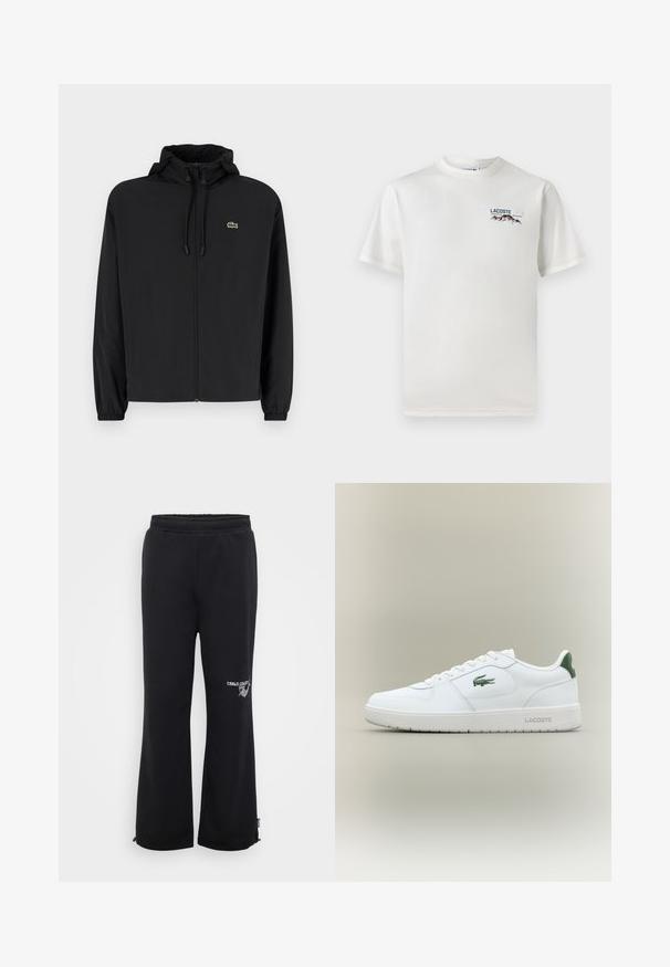 Melnas rāvējslēdzēja jakas ar kapuci, izgatavota no viegla materiāla. Ar elastīgām piedurknēm un mazu zaļu logo kreisajā krūtī.; Balts kokvilnas T-krekls ar apaļu kakla izgriezumu, īsām piedurknēm un mazu izšūtu logo ar kalniem un tekstu kreisajā krūtīs.; Melnas sporta bikses ar brīvu piegriezumu, izgatavotas no mīkstas auduma. Iespējas ietver elastīgu jostu un sānu kabatas, ar logo uz vienas kājas.; Baltas ādas sneakers ar gludu apdari, zaļiem akcentiem uz papēža un zaļu logotipu sānos. Iezīmē platu zoli un apaļu pirkstu.