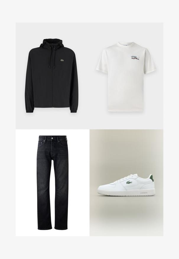 Juodas užtrauktukas striukė su gaubtu, pagaminta iš lengvos medžiagos. Savybės: elastiniai apykaklės ir mažas žalias logotipas kairėje krūtinės pusėje.; Baltas medvilninis marškinėliai su apykakle, trumpomis rankovėmis ir mažas siuvinėtas logotipas, vaizduojantis kalnus ir tekstą ant kairiojo krūtinės.; Vyriški tamsaus džinsinio audinio džinsai su tiesiu kirpimu, pasižymintys klasikinėmis penkių kišenių detalėmis ir metaliniu sagtimi. Matomi įvairūs plovimo tonai.; Balti odiniai sportbačiai su lygiu paviršiumi, žaliais akcentais ant kulno ir žalia logotipu šone. Siūlo plokščią pado struktūrą ir apvalią nosį.