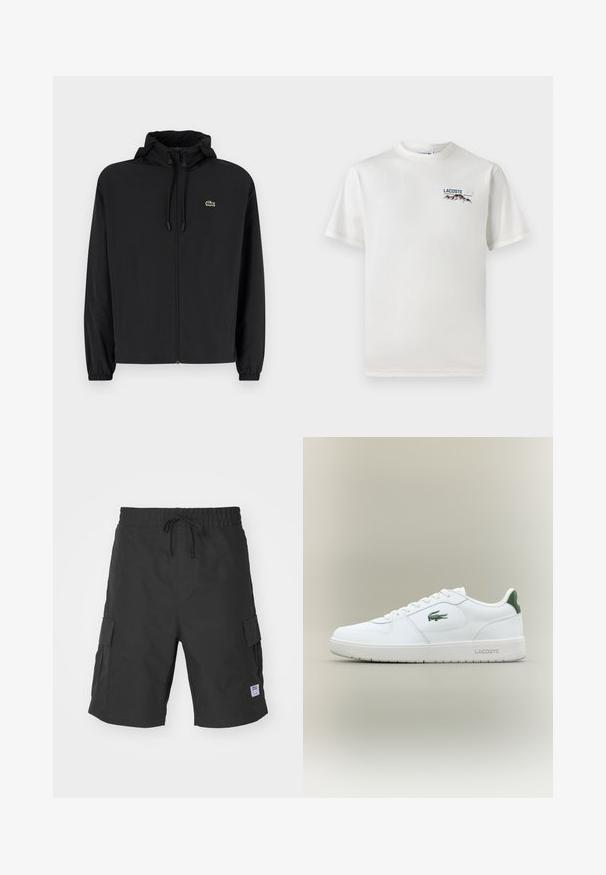 Chaqueta negra con cremallera y capucha, hecha de material ligero. Cuenta con puños elásticos y un pequeño logo verde en el lado izquierdo del pecho.; Camiseta de algodón blanca con cuello redondo, mangas cortas y un pequeño logotipo bordado que presenta montañas y texto en el lado izquierdo del pecho.; Bermudas negras de trabajo hechas de tejido duradero, con una cinturilla elástica con cordón, bolsillos laterales y un acento de etiqueta en parche.; Zapatilla de cuero blanca con un acabado suave, acentos verdes en el talón y un logotipo verde en el lateral. Presenta una suela plana y una puntera redonda.