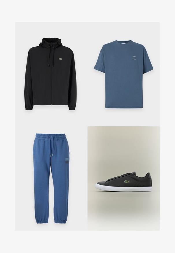 Mustmust jacket, millel näpsuga, kergest materjalist. Omab elastseid mansette ja väikest rohelist logo vasakul rinnal.; Sinine puuvillane T-särk klassikalise ümmarguse kaelusega, lühikeste varrukatega, vabalt istuv ning kahel väikesel prinditud logol rinnal. Sile tekstuur.; Sinised dressipüksid, mis on valmistatud pehmest materjalist, omavad elastset vööd, nööriga ja elastseid mansette. Külgedel on logo silt reie peal.; Mustad mustad nahast tennisetossud valge kummist tallaga, millel on roheline krokodillilogo ja ümmargused paelad, stiilne disain sujuva tekstuuriga.
