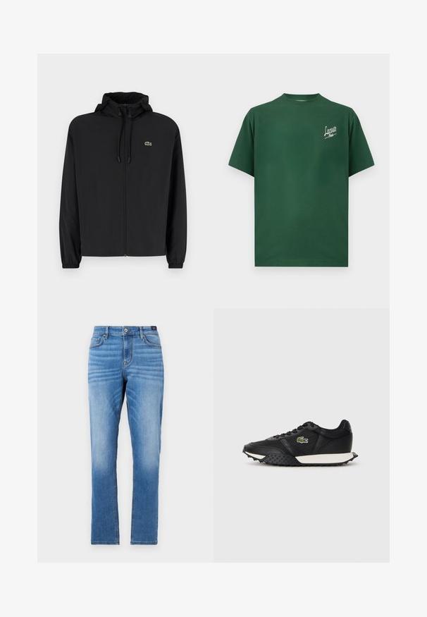 Mustmust jacket, millel näpsuga, kergest materjalist. Omab elastseid mansette ja väikest rohelist logo vasakul rinnal.; Roheline puuvillane T-särk, millel on ümmargune kaelus, lühikesed varrukad ja valge "Lacoste Paris" logo vasakul rinnakorvis.; Heledad sinine teksapüksid, sirge lõikega, viie tasku jaotusega, ees nupuga kinnitamine ning õrn fade jääb reitel.; Mustad mustad spordijalatsid sileda nahkviimistlusega, tekstuurse kummitaldiga, valge vahevaibaga ja rohelise brodüüritud logoga küljele.