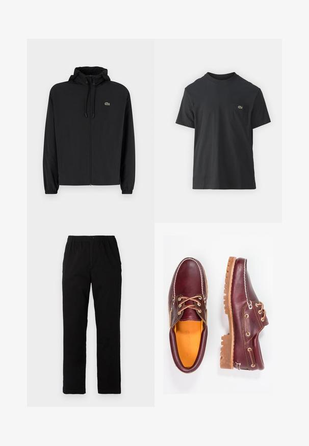 Casaco preto com fecho éclair e capuz, feito de material leve. Apresenta punhos elásticos e um pequeno logotipo verde no lado esquerdo do peito.; Camiseta de algodão preta com mangas curtas, decote redondo e um pequeno logo verde no bolso do peito esquerdo. Design simples, corte regular.; Calças pretas feitas de um tecido de algodão misto, com corte reto, cintura elástica com botão e sem padrões ou detalhes visíveis.; Sapatos de couro bordô com solas de borracha castanhas, bico arredondado, costura branca e ilhós dourados. O interior apresenta um forro amarelo.