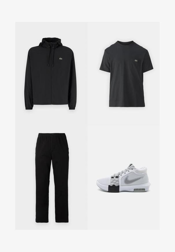 Černá zipová bunda s kapucí, vyrobená z lehkého materiálu. Má elastické manžety a malé zelené logo na levé hrudi.; Černé bavlněné tričko s krátkým rukávem, kulatým výstřihem a malým zeleným logem na levé kapse. Jednoduchý design, klasický střih.; Černé kalhoty vyrobené z bavlněné směsi, s rovný střih, elastickým pasem s knoflíkem a bez viditelných vzorů či akcentů.; Šedá a bílá sportovní obuv s mesh svrchní částí, prošívanou texturou, černou gumovou podrážkou a viditelným vzduchovým polstrováním v patě.