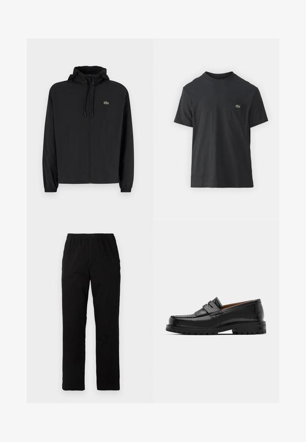 Giacca nera con zip e cappuccio, realizzata in materiale leggero. Caratterizzata da polsini elasticizzati e un piccolo logo verde sul petto sinistro.; T-shirt in cotone nero con maniche corte, scollatura rotonda e un piccolo logo verde sul taschino sinistro. Design semplice, vestibilità regolare.; Pantaloni neri realizzati in un tessuto misto cotone, caratterizzati da un taglio dritto, vita elastica con bottone e senza motivi o dettagli visibili.; I mocassini in pelle nera presentano una cucitura sollevata, due fasce decorative sulla parte superiore e una suola spessa e texture per una maggiore aderenza.