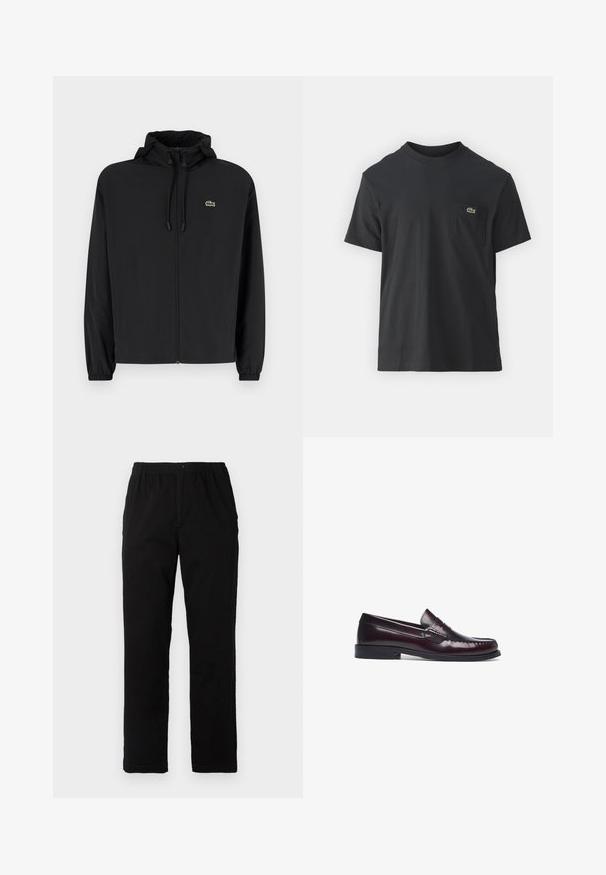 Schwarze Zip-Jacke mit Kapuze, aus leichtem Material hergestellt. Verfügt über elastische Bündchen und ein kleines grünes Logo auf der linken Brust.; Schwarz Baumwoll-T-Shirt mit kurzen Ärmeln, rundem Ausschnitt und einem kleinen grünen Logo auf der linken Brusttasche. Einfaches Design, reguläre Passform.; Schwarze Hosen aus einem Baumwollmischgewebe, mit geradem Schnitt, elastischem Bund mit Knopf und ohne sichtbare Muster oder Akzente.; Kastanienbraune Lederloafers mit genähtem Zehenteil, flachem Absatz und glatter Oberfläche. Verfügt über ein klassisches Penny-Slot-Design auf dem Rist.