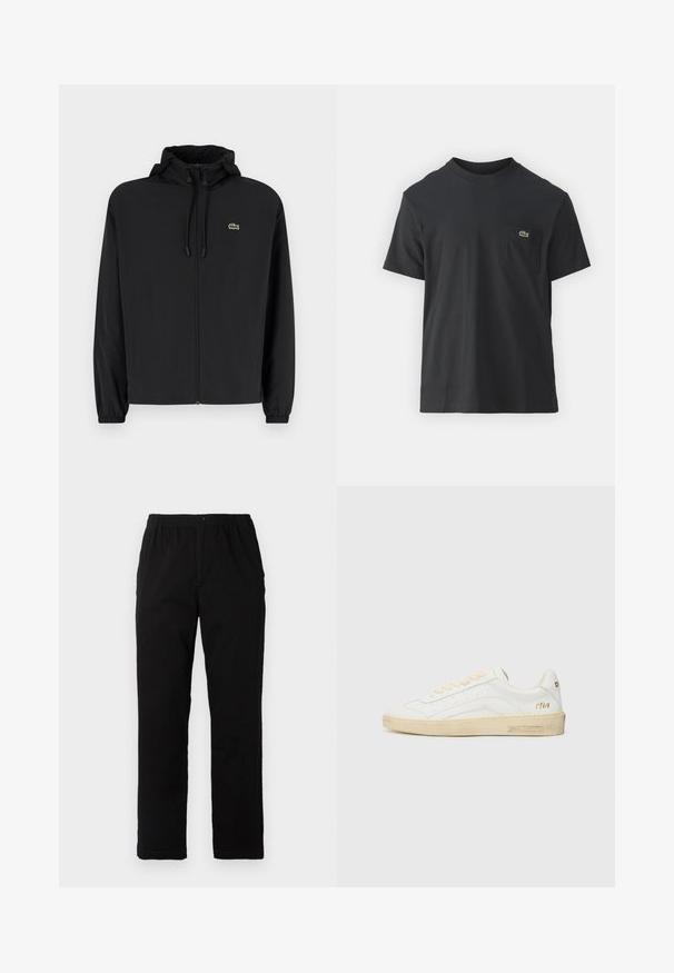 Black zip-up jacket with a hood, made of lightweight material. Features elastic cuffs and a small green logo on the left chest.; Black cotton t-shirt with short sleeves, round neckline, and a small green logo on the left chest pocket. Simple design, regular fit.; Black pants made of cotton blend fabric, featuring a straight cut, elastic waistband with button, and no visible patterns or accents.; White leather sneaker with beige laces, off-white rubber sole, and subtle perforations. Features gold text "1964" and branding on the heel.