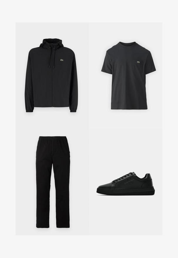 Melnas rāvējslēdzēja jakas ar kapuci, izgatavota no viegla materiāla. Ar elastīgām piedurknēm un mazu zaļu logo kreisajā krūtī.; Melnas kokvilnas T-krekls ar īsām piedurknēm, apaļu kakla izgriezumu un mazu zaļu logotipu kreisajā krūšu kabatē. Vienkāršs dizains, regulāra piegriezuma.; Melnas bikses no kokvilnas maisījuma auduma, ar taisnu griezumu, elastīgu jostasvietu ar pogu un bez redzamām rakstu vai akcentiem.; Melnas zemas sporta apavus ar saitēm un teksturētu zoli, ar diskētu Calvin Klein Jeans logotipu sānos.