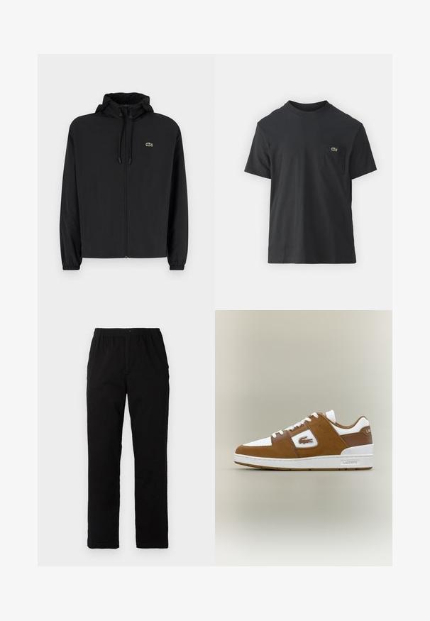 Melnas rāvējslēdzēja jakas ar kapuci, izgatavota no viegla materiāla. Ar elastīgām piedurknēm un mazu zaļu logo kreisajā krūtī.; Melnas kokvilnas T-krekls ar īsām piedurknēm, apaļu kakla izgriezumu un mazu zaļu logotipu kreisajā krūšu kabatē. Vienkāršs dizains, regulāra piegriezuma.; Melnas bikses no kokvilnas maisījuma auduma, ar taisnu griezumu, elastīgu jostasvietu ar pogu un bez redzamām rakstu vai akcentiem.; Brūni zamša un balti ādas sporta apavi ar mīkstu mēli, perforētu purngalu un Lacoste logo sānos un uz papēža.