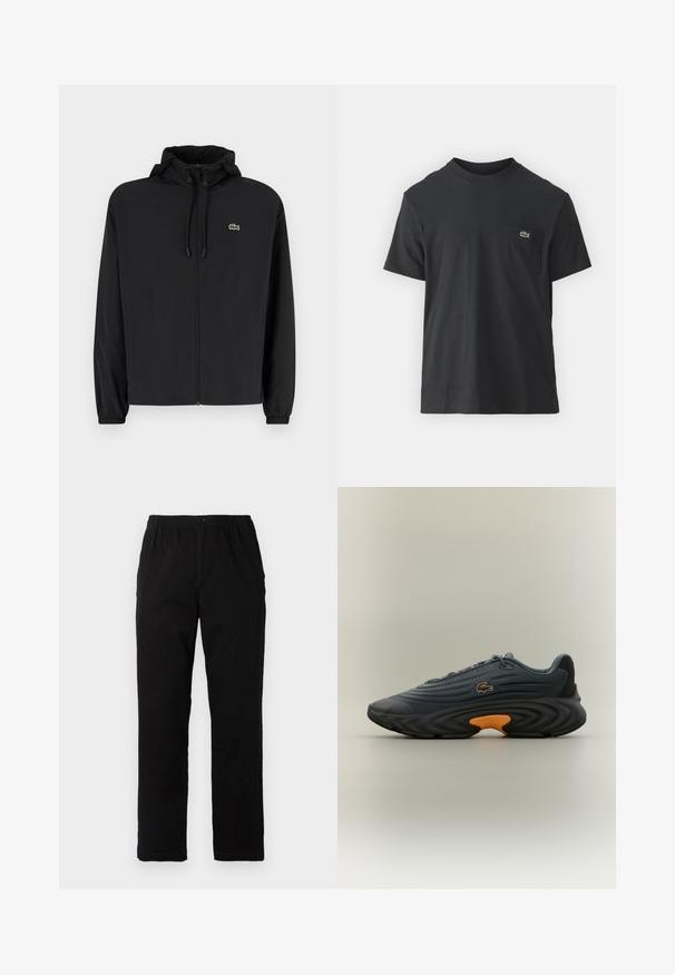 Casaco preto com fecho éclair e capuz, feito de material leve. Apresenta punhos elásticos e um pequeno logotipo verde no lado esquerdo do peito.; Camiseta de algodão preta com mangas curtas, decote redondo e um pequeno logo verde no bolso do peito esquerdo. Design simples, corte regular.; Calças pretas feitas de um tecido de algodão misto, com corte reto, cintura elástica com botão e sem padrões ou detalhes visíveis.; Ténis Lacoste em cinza escuro com parte superior texturizada, sola curva preta proeminente e destaque em laranja brilhante no calcanhar. Design com atacadores e logótipo.