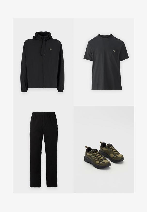 Svart zip-jacka med huva, tillverkad av lätt material. Har elastiska muddar och en liten grön logotyp på vänster bröst.; Svart bomullströja med korta ärmar, rund halsringning och en liten grön logotyp på vänster bröstficka. Enkelt mönster, vanlig passform.; Svarta byxor i en blandning av bomull, med rak passform, elastisk midja med knapp och utan synliga mönster eller accenter.; Gröna och svarta träningsskor med en texturerad ovandel, nätpaneler, robust sula och snörningsdesign med förstärkt tå och häl.