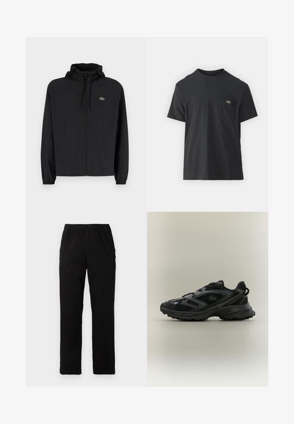 Fekete, kapucnis, cipzáras dzseki, könnyű anyagból készült. Rugalmas mandzsettákkal és egy kis zöld logóval rendelkezik a bal mellrészen.; Fekete pamut póló rövid ujjakkal, kerek nyakú, bal oldalon egy kis zöld logóval a zseb fölött. Egyszerű dizájn, normál szabású.; Fekete pamut keverék anyagú nadrág, egyenes szabású, rugalmas derékrésszel és gombbal, látható minták vagy díszítések nélkül.; Fekete sportcipő, amely hálós panelekből, texturált talpból, fűzőkből és ívelt sziluettből áll, ezüst díszítéssel az oldalán.