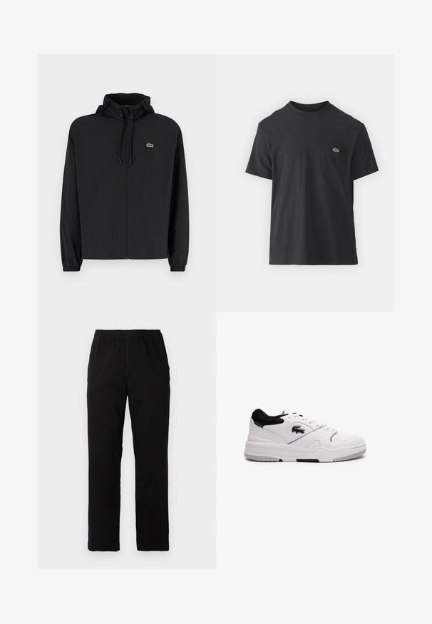 Fekete, kapucnis, cipzáras dzseki, könnyű anyagból készült. Rugalmas mandzsettákkal és egy kis zöld logóval rendelkezik a bal mellrészen.; Fekete pamut póló rövid ujjakkal, kerek nyakú, bal oldalon egy kis zöld logóval a zseb fölött. Egyszerű dizájn, normál szabású.; Fekete pamut keverék anyagú nadrág, egyenes szabású, rugalmas derékrésszel és gombbal, látható minták vagy díszítések nélkül.; Fehér sneaker fekete kiegészítőkkel, szintetikus anyagból készült, kerek orr, fűzős kialakítás, texturált felsőrész és gumitalp, amely tapadós mintázattal rendelkezik.