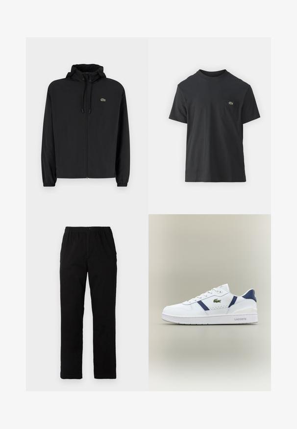 Fekete, kapucnis, cipzáras dzseki, könnyű anyagból készült. Rugalmas mandzsettákkal és egy kis zöld logóval rendelkezik a bal mellrészen.; Fekete pamut póló rövid ujjakkal, kerek nyakú, bal oldalon egy kis zöld logóval a zseb fölött. Egyszerű dizájn, normál szabású.; Fekete pamut keverék anyagú nadrág, egyenes szabású, rugalmas derékrésszel és gombbal, látható minták vagy díszítések nélkül.; Fehér Lacoste sneaker tengerészkék részletekkel, zöld krokodil logóval, fűzős kialakítással és márkázott talppal semleges háttér előtt.