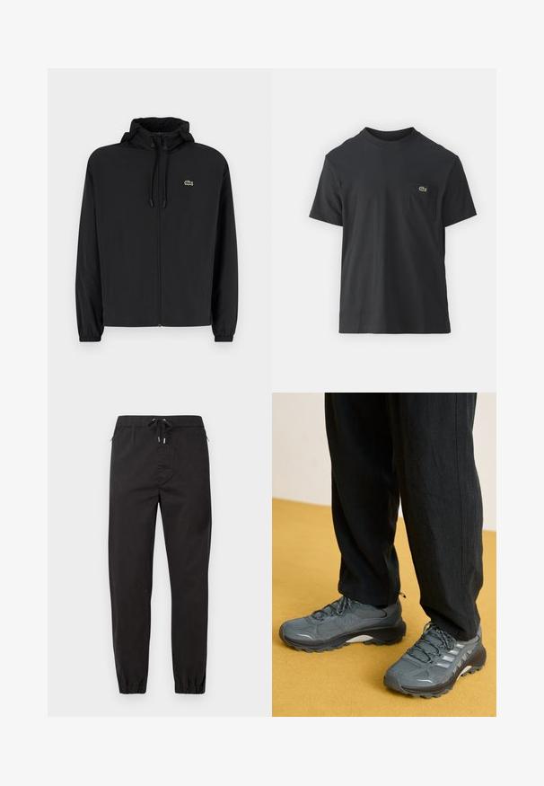 Černá zipová bunda s kapucí, vyrobená z lehkého materiálu. Má elastické manžety a malé zelené logo na levé hrudi.; Černé bavlněné tričko s krátkým rukávem, kulatým výstřihem a malým zeleným logem na levé kapse. Jednoduchý design, klasický střih.; Černé zúžené kalhoty vyrobené z lehkého materiálu. Mají elastický pas s tkaničkou, boční kapsy a elastické manžety na kotnících.; Šedá síťovina a syntetické sportovní boty s výrazným vzorkem podrážky, reflexními akcenty a šněrovacím designem, spárované s volnými černými kalhotami.