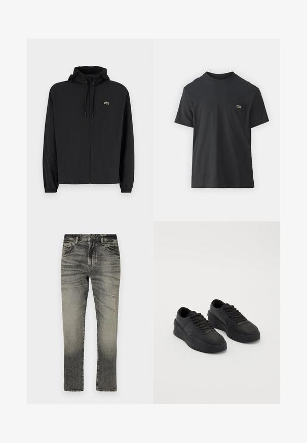 Melnas rāvējslēdzēja jakas ar kapuci, izgatavota no viegla materiāla. Ar elastīgām piedurknēm un mazu zaļu logo kreisajā krūtī.; Melnas kokvilnas T-krekls ar īsām piedurknēm, apaļu kakla izgriezumu un mazu zaļu logotipu kreisajā krūšu kabatē. Vienkāršs dizains, regulāra piegriezuma.; Melna un pelēka džinsa bikses ar izbalējušu apdari, kas piedāvā taisnu kāju, divas priekšējās kabatas, pogu aizdari un nolietotas detaļas.; Melnas kedas, izgatavotas no gludas ādas, ar mīkstu zoli. Iespējas ietver plakanu auklu, perforācijas uz pirksta un elegantu siluetu.