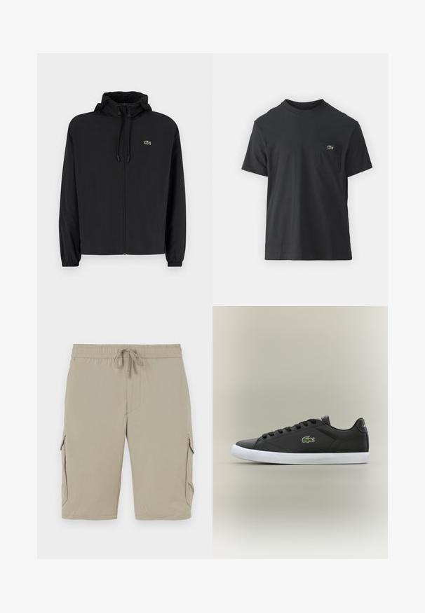 Casaco preto com fecho éclair e capuz, feito de material leve. Apresenta punhos elásticos e um pequeno logotipo verde no lado esquerdo do peito.; Camiseta de algodão preta com mangas curtas, decote redondo e um pequeno logo verde no bolso do peito esquerdo. Design simples, corte regular.; Bermuda bege com cintura elástica e cordão. Apresenta bolsos laterais e um tecido liso e leve.; Tênis de couro preto com sola de borracha branca, apresentando um logotipo de crocodilo verde e cadarços redondos, design elegante com textura suave.