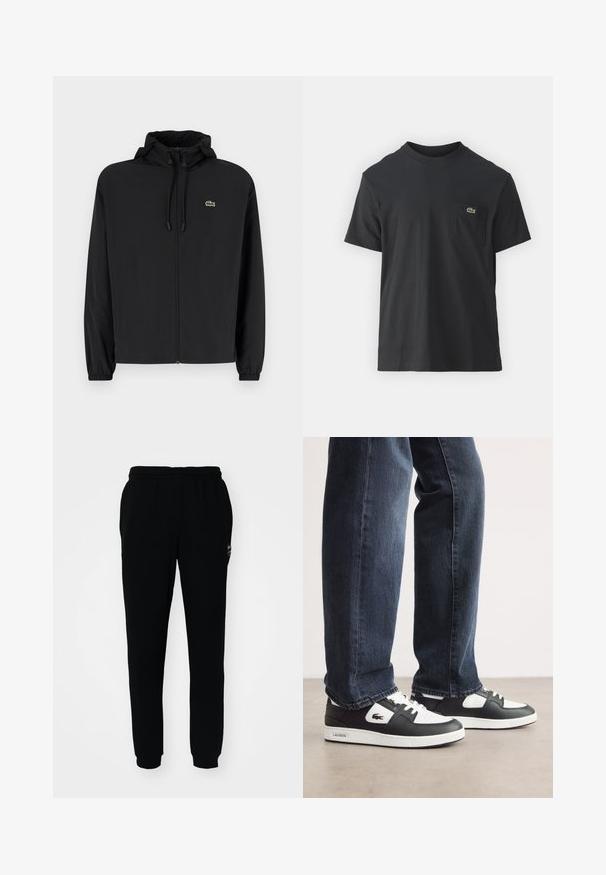 Fekete, kapucnis, cipzáras dzseki, könnyű anyagból készült. Rugalmas mandzsettákkal és egy kis zöld logóval rendelkezik a bal mellrészen.; Fekete pamut póló rövid ujjakkal, kerek nyakú, bal oldalon egy kis zöld logóval a zseb fölött. Egyszerű dizájn, normál szabású.; Fekete melegítőnadrág, gumírozott derékkal és szárakkal. Puha anyagból készült, a bal felső oldalon egy kis logóval.; Fekete-fehér Lacoste sportcipők, texturált bőrből készült felső résszel, fűzős kivitelben és fehér gumitalppal. Sötét farmernadrággal viselve.