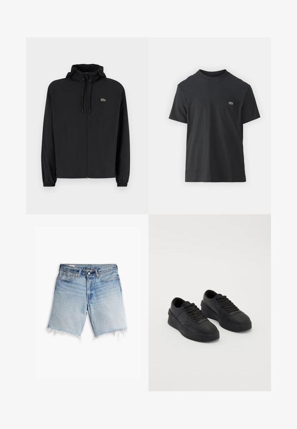 Zwarte zip-up jas met een capuchon, gemaakt van lichtgewicht materiaal. Heeft elastische manchetten en een klein groen logo op de linkerborst.; Zwarte katoenen t-shirt met korte mouwen, ronde halslijn en een klein groen logo op de linkerkant van de borstzak. Eenvoudig ontwerp, normale pasvorm.; Lichtblauwe denimshorts met een gerafelde zoom, voorzien van een vijfzakkenontwerp, metalen knoopsluiting en riemlussen. Zachte textuur met een vervaagde wassingen.; Zwarte sneakers van soepel leer met een gestoffeerde zool. Kenmerken zijn plat veter, perforaties op de teen en een slanke silhouet.