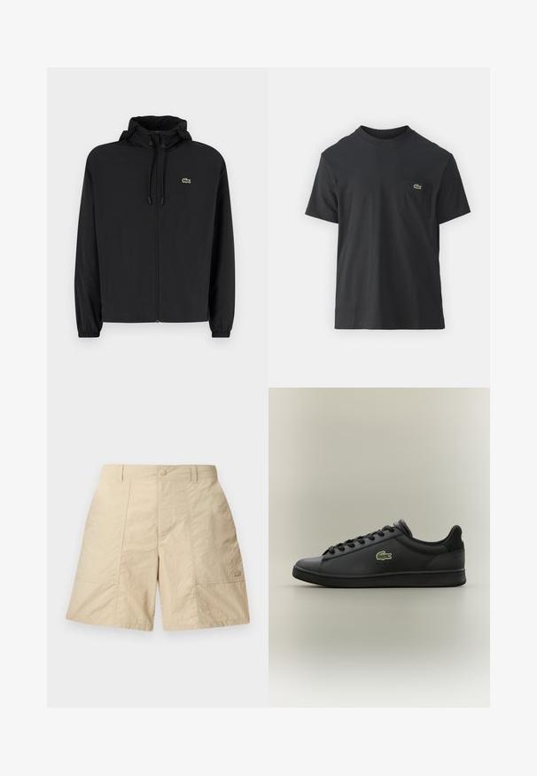 Melnas rāvējslēdzēja jakas ar kapuci, izgatavota no viegla materiāla. Ar elastīgām piedurknēm un mazu zaļu logo kreisajā krūtī.; Melnas kokvilnas T-krekls ar īsām piedurknēm, apaļu kakla izgriezumu un mazu zaļu logotipu kreisajā krūšu kabatē. Vienkāršs dizains, regulāra piegriezuma.; Beige šorti ar teksturētu apdari, ar priekšējo pogu aizdari, divām sānu kabatām un mazu logotipu apakšējā labajā stūrī.; Melnas zemas ādas tenisa kurpes ar melnām auklām, kurām sānos ir zaļš krokodila logotips, uz neitrāla fona.