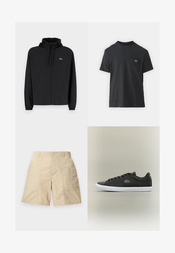 Svart zip-jacka med huva, tillverkad av lätt material. Har elastiska muddar och en liten grön logotyp på vänster bröst.; Svart bomullströja med korta ärmar, rund halsringning och en liten grön logotyp på vänster bröstficka. Enkelt mönster, vanlig passform.; Beiga shorts med strukturerad yta, med framknäppning, två sidofickor och en liten logotyp på nedre högra sidan.; Svarta lädersneakers med vit gummisula, med en grön krokodil-logotyp och runda snörningar, slankt design med slät textur.