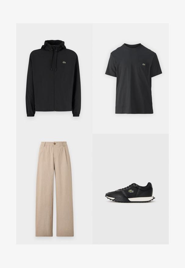 Črna jakna na zadrgo s kapuco, izdelana iz lahkega materiala. Ima elastične manšete in majhen zeleni logotip na levem prsnem delu.; Črna bombažna majica s kratkimi rokavi, okroglo ovratnikom in majhnim zelenim logotipom na levem žepu. Preprost dizajn, redna prileganje.; Bež hlače širokih nogavic z teksturo in z odbitki ter elastičnim pasom, ki je na sprednji strani pritrjen z bronastim gumbom.; Črne teniske z gladkim usnjenim zaključkom, opremljene z teksturirano gumijasto podplatom, belim medpodplatom in zeleno izvezenim logotipom na strani.