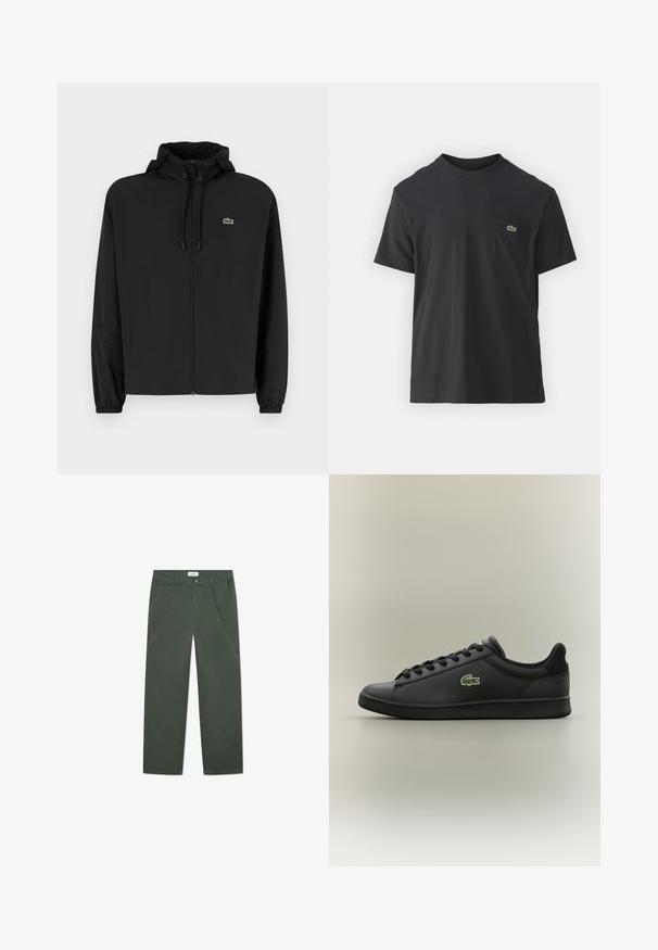 Zwarte zip-up jas met een capuchon, gemaakt van lichtgewicht materiaal. Heeft elastische manchetten en een klein groen logo op de linkerborst.; Zwarte katoenen t-shirt met korte mouwen, ronde halslijn en een klein groen logo op de linkerkant van de borstzak. Eenvoudig ontwerp, normale pasvorm.; Donkergroene katoenen broek met een rechte pijpdesign, voorzakken en een knoopsluiting bij de taille. Glad oppervlak, geen patronen.; Zwarte leren sneaker met lage schacht en zwarte veters, met een groen krokodillenlogo aan de zijkant, tegen een neutrale achtergrond.