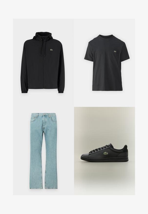 Črna jakna na zadrgo s kapuco, izdelana iz lahkega materiala. Ima elastične manšete in majhen zeleni logotip na levem prsnem delu.; Črna bombažna majica s kratkimi rokavi, okroglo ovratnikom in majhnim zelenim logotipom na levem žepu. Preprost dizajn, redna prileganje.; Svjetloplave traperice s ravnim krojem, koje imaju pet džepova i kopčanje na gumb. Vidljive šavove i rastrgani rub.; Črn nizki usnjeni tekač s črnimi vezalkami, ki ima na strani zeleno krokodilovo ikono, postavljen na enotnem nevtralnem ozadju.