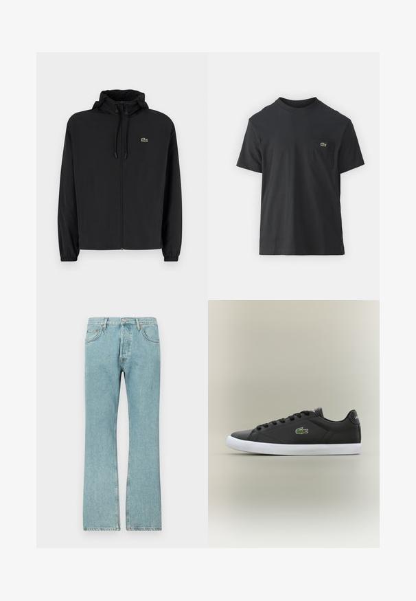 Casaco preto com fecho éclair e capuz, feito de material leve. Apresenta punhos elásticos e um pequeno logotipo verde no lado esquerdo do peito.; Camiseta de algodão preta com mangas curtas, decote redondo e um pequeno logo verde no bolso do peito esquerdo. Design simples, corte regular.; Calças de ganga azul claro com um design de perna reta, apresentando cinco bolsos e fecho com botão. Costura visível e detalhe de bainha desfiada.; Tênis de couro preto com sola de borracha branca, apresentando um logotipo de crocodilo verde e cadarços redondos, design elegante com textura suave.