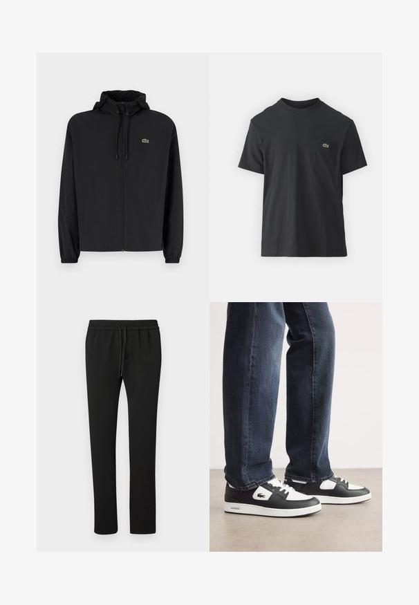 Schwarze Zip-Jacke mit Kapuze, aus leichtem Material hergestellt. Verfügt über elastische Bündchen und ein kleines grünes Logo auf der linken Brust.; Schwarz Baumwoll-T-Shirt mit kurzen Ärmeln, rundem Ausschnitt und einem kleinen grünen Logo auf der linken Brusttasche. Einfaches Design, reguläre Passform.; Schwarze Jogginghosen mit elastischem Bund und Zugband. Hergestellt aus weichem Stoff, mit einem schmal zulaufenden Bein und minimalistischen Details.; Schwarz-weiße Lacoste-Sneaker mit einem Obermaterial aus strukturiertem Leder, ausgestattet mit einem Schnürdesign und einer weißen Gummiaußensohle. Getragen mit dunklen Jeans.