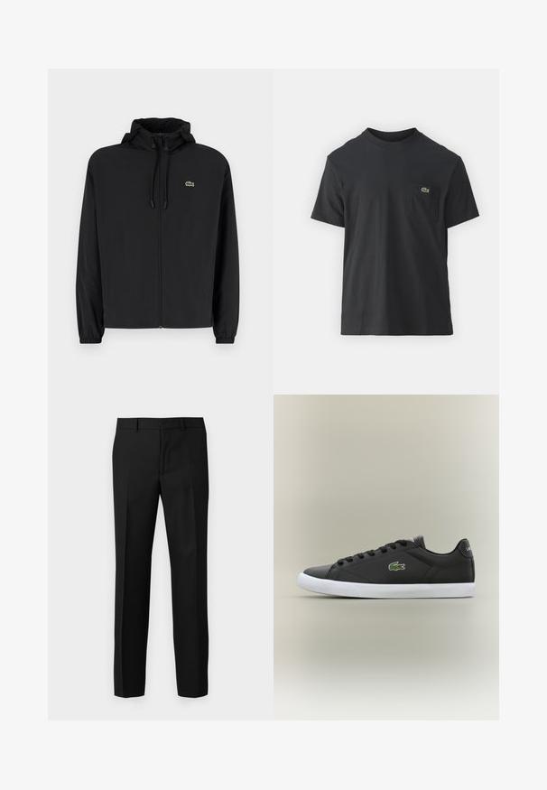 Juodas užtrauktukas striukė su gaubtu, pagaminta iš lengvos medžiagos. Savybės: elastiniai apykaklės ir mažas žalias logotipas kairėje krūtinės pusėje.; Juodas medvilninis marškinėliai trumpomis rankovėmis, apvaliu iškirpimu ir maža žalia logo kairėje krūtinės kišenėje. Paprastas dizainas, reguliaraus pjaustymo.; Juodos pritaikytos kelnės su lygiu paviršiumi, tiesaus kirpimo, su priekine raukšle ir plokščiu juosmeniu. Nėra matomų kišenių.; Juodos odinės sportbačiai su baltais guminiais padais, turintys žalią krokodilo logotipą ir apvalias raišteles, elegantiškas dizainas su lygia tekstūra.