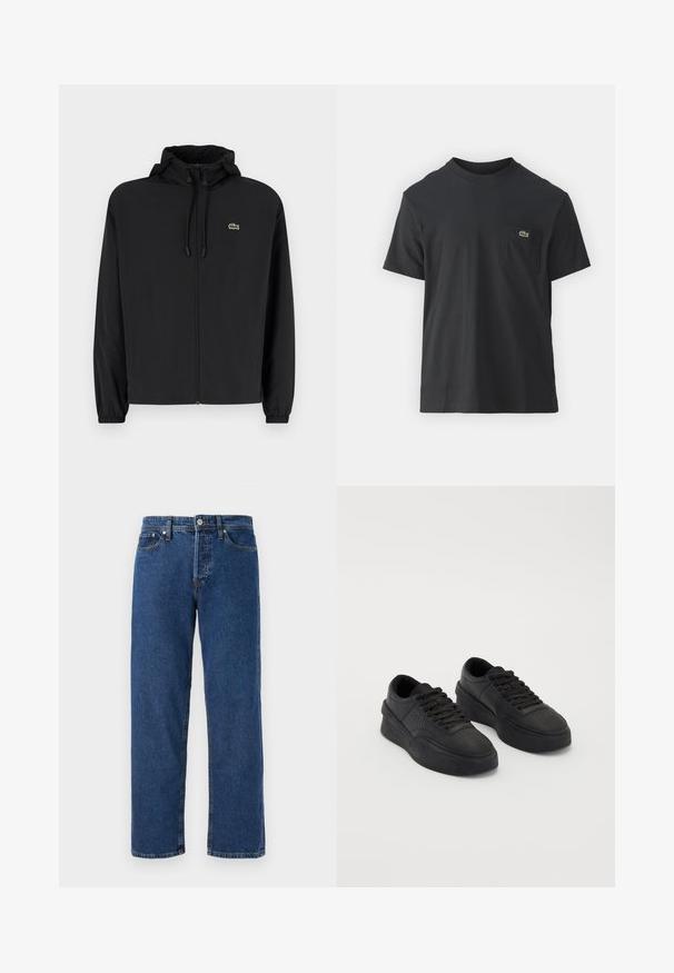 Casaco preto com fecho éclair e capuz, feito de material leve. Apresenta punhos elásticos e um pequeno logotipo verde no lado esquerdo do peito.; Camiseta de algodão preta com mangas curtas, decote redondo e um pequeno logo verde no bolso do peito esquerdo. Design simples, corte regular.; Jeans de ganga azul com corte reto, apresentando cinco bolsos, fecho de botão de metal e costura visível nas costuras.; Sapatilhas pretas feitas de couro liso com sola acolchoada. As características incluem atacadores planos, perfurações na biqueira e um silhueta elegante.