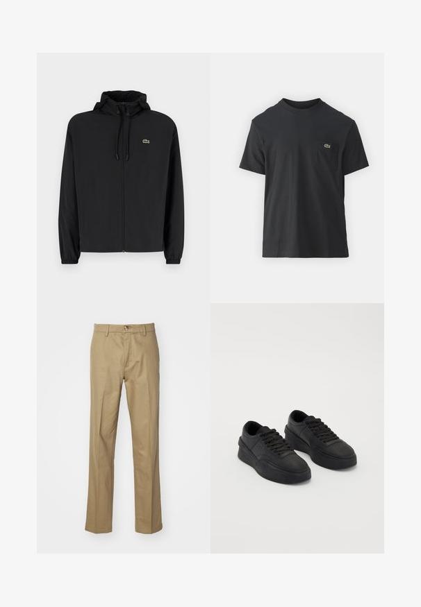 Czarna kurtka zapinana na zamek z kapturem, wykonana z lekkiego materiału. Posiada elastyczne mankiety oraz małe zielone logo na lewej piersi.; Czarna bawełniana koszulka z krótkim rękawem, okrągłym dekoltem i małym zielonym logo na lewej kieszeni piersiowej. Prosty design, regularny krój.; Beżowe spodnie wykonane z gładkiego materiału. Prosty krój nogawki z zapięciem na guzik. Posiada szlufki na pasek oraz klasyczny krój, który zapewnia wszechstronny fason.; Czarne sneakersy wykonane z gładkiej skóry z amortyzującą podeszwą. Wśród cech znajdują się płaskie sznurowadła, perforacje na nosku oraz smukła sylwetka.