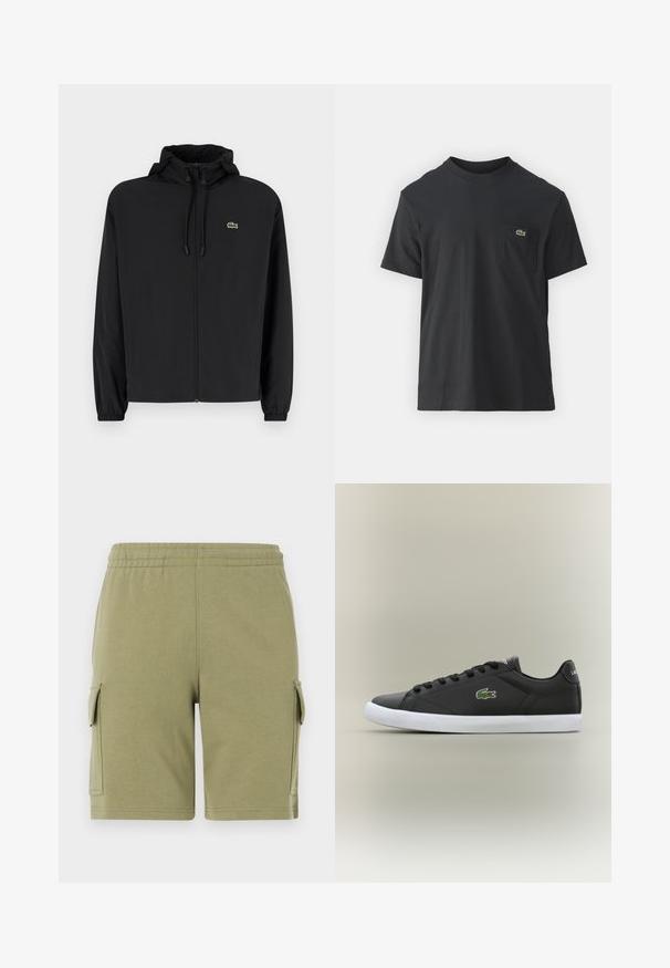 Svart zip-up jakke med hette, laget av lett materiale. Har elastiske mansjetter og en liten grønn logo på venstre bryst.; Svart bomull t-skjorte med korte ermer, rund hals og en liten grønn logo på venstre brystlomme. Enkelt design, normal passform.; Grønne bomullsshortser med elastisk midjebånd, med to sidelommer og en glatt tekstur.; Svarte lær sneakers med hvit gummisåle, med grønt krokodillelogo og runde snører, elegant design med glatt tekstur.