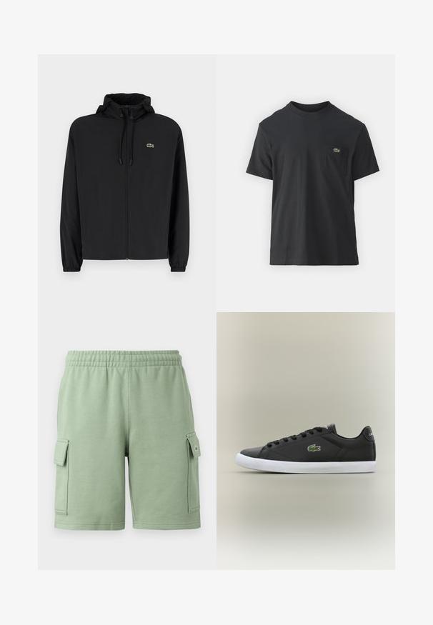 Black zip-up jacket with a hood, made of lightweight material. Features elastic cuffs and a small green logo on the left chest.; Black cotton t-shirt with short sleeves, round neckline, and a small green logo on the left chest pocket. Simple design, regular fit.; Green cotton shorts with an elastic waistband, two side cargo pockets, and a small logo detail on the left pocket.; Black leather sneakers with white rubber sole, featuring a green crocodile logo and round laces, sleek design with smooth texture.