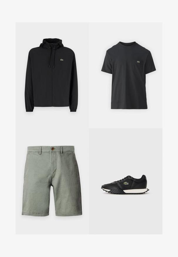 Black zip-up jacket with a hood, made of lightweight material. Features elastic cuffs and a small green logo on the left chest.; Black cotton t-shirt with short sleeves, round neckline, and a small green logo on the left chest pocket. Simple design, regular fit.; Light green shorts made from cotton blend, featuring a front button closure, belt loops, and a flat-front design. Smooth texture, knee-length.; Black sneakers with a smooth leather finish, featuring a textured rubber sole, white midsole, and a green embroidered logo on the side.