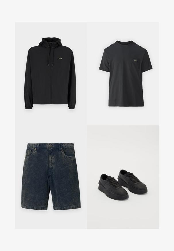 Giacca nera con zip e cappuccio, realizzata in materiale leggero. Caratterizzata da polsini elasticizzati e un piccolo logo verde sul petto sinistro.; T-shirt in cotone nero con maniche corte, scollatura rotonda e un piccolo logo verde sul taschino sinistro. Design semplice, vestibilità regolare.; Pantaloni corti in velluto a coste blu scuro con chiusura a bottone, due tasche frontali e sottili righe più chiare sul tessuto.; Sneaker nere in pelle liscia con suola ammortizzata. Le caratteristiche includono lacci piatti, perforazioni sulla punta e una silhouette elegante.