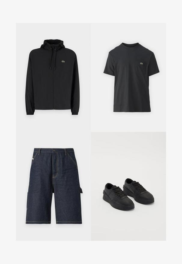 Svart zip-up jakke med hette, laget av lett materiale. Har elastiske mansjetter og en liten grønn logo på venstre bryst.; Svart bomull t-skjorte med korte ermer, rund hals og en liten grønn logo på venstre brystlomme. Enkelt design, normal passform.; Mørkeblå denimshorts med rett snitt, fem lommer, gule sømdetaljer og en sidelomme for økt funksjonalitet.; Sorte sneakers laget av glatt lær med en polstret såle. Funksjoner inkluderer flate snøringer, perforeringer på tåpartiet, og en elegant silhuett.