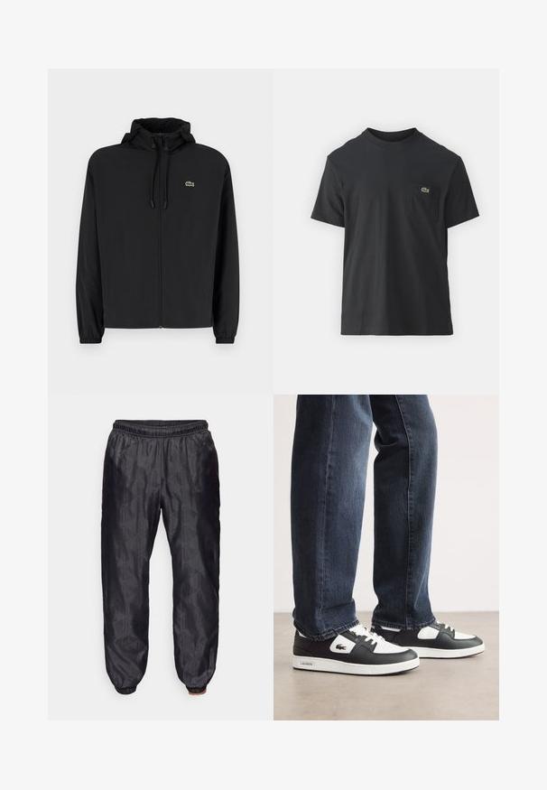 Melnas rāvējslēdzēja jakas ar kapuci, izgatavota no viegla materiāla. Ar elastīgām piedurknēm un mazu zaļu logo kreisajā krūtī.; Melnas kokvilnas T-krekls ar īsām piedurknēm, apaļu kakla izgriezumu un mazu zaļu logotipu kreisajā krūšu kabatē. Vienkāršs dizains, regulāra piegriezuma.; Melnas, tekstūrētas bikses ar elastīgu jostasvietu un piedurknēm, ar ģeometrisku rakstu visā audumā. Vieglas un brīvi pieguļošas.; Melnbalti Lacoste sporta apavi ar teksturētu ādas augšdaļu, ar saistēm un baltu gumijas zoli. Nēsāti ar tumšām džinsām.